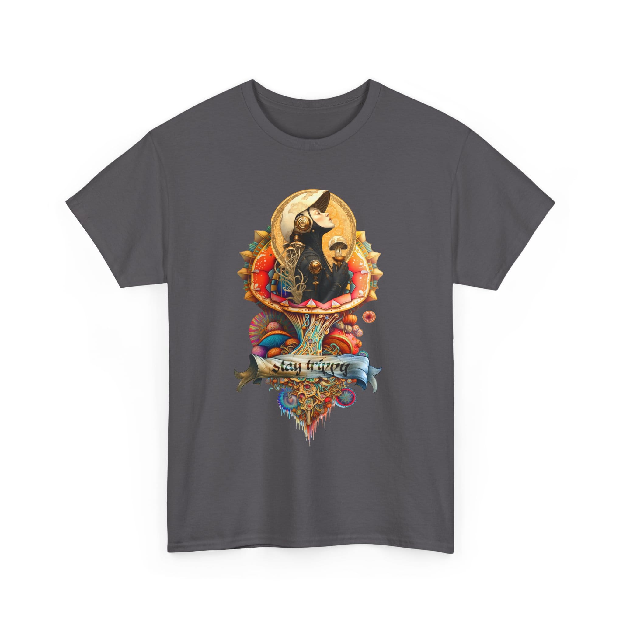 Custom-designed t-shirt featuring a psychonaut figure sprouting from a psychedelic mushroom surrounded by sacred geometry and fractal patterns.