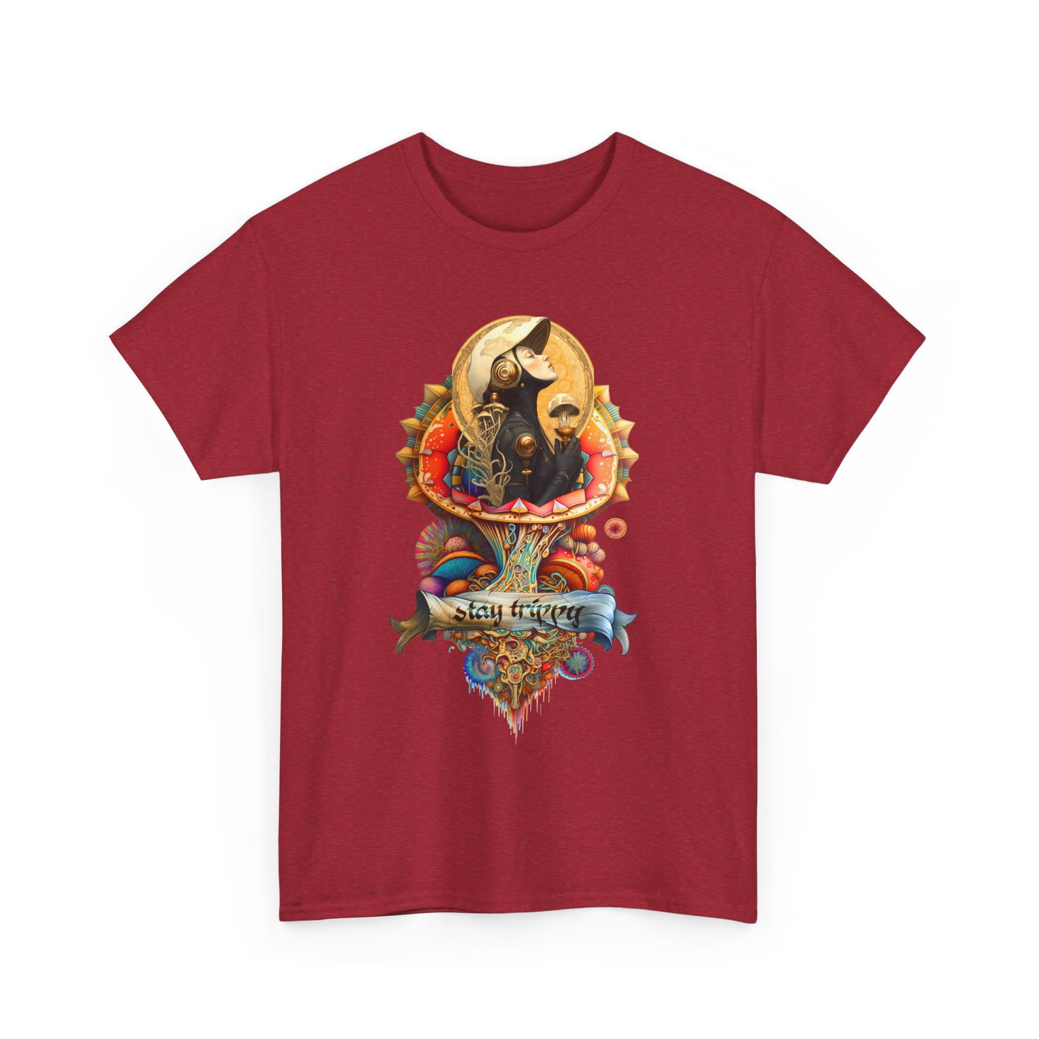 Custom-designed t-shirt featuring a psychonaut figure sprouting from a psychedelic mushroom surrounded by sacred geometry and fractal patterns.