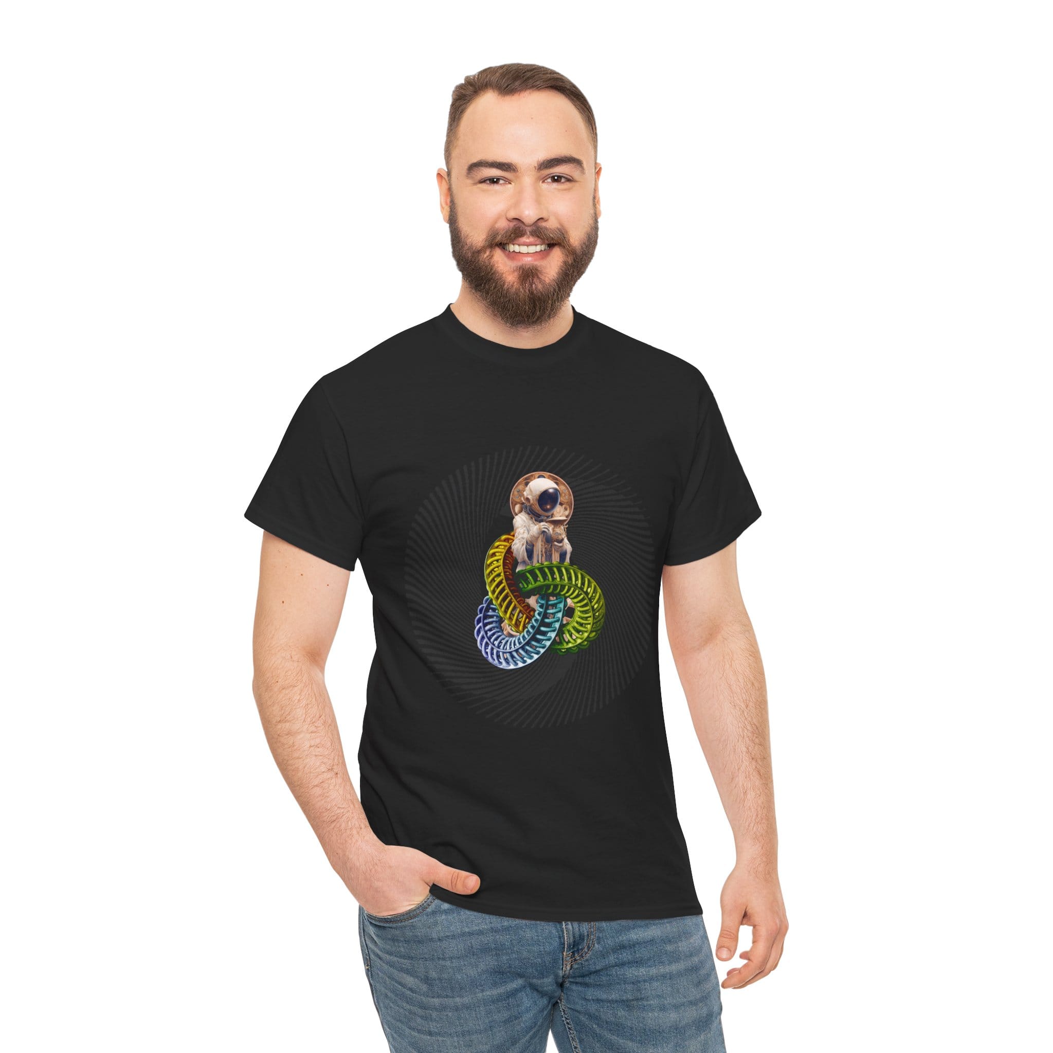 Custom-designed t-shirt featuring a psychonaut figure sprouting from sacred geometry with psychedelic fractals and radiant colors.