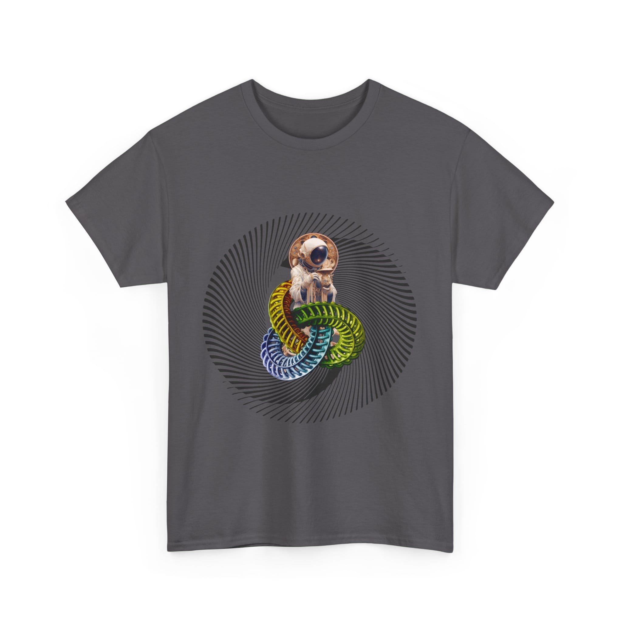 Custom-designed t-shirt featuring a psychonaut figure sprouting from sacred geometry with psychedelic fractals and radiant colors.