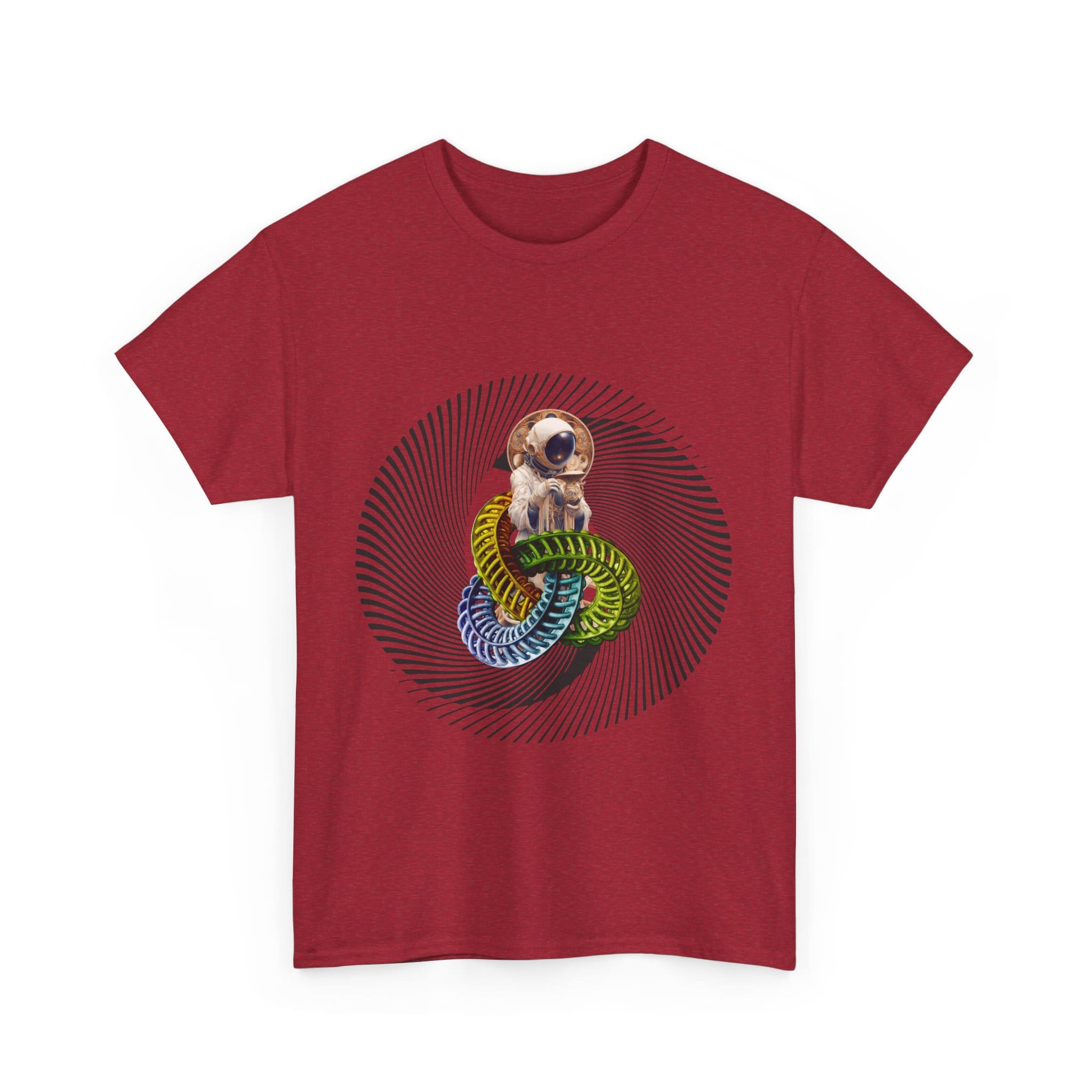 Custom-designed t-shirt featuring a psychonaut figure sprouting from sacred geometry with psychedelic fractals and radiant colors.