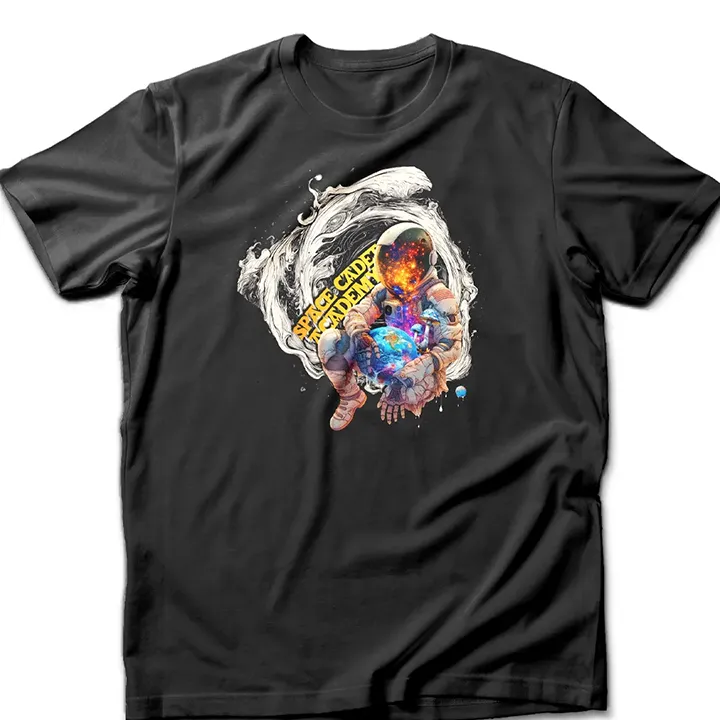 Custom-designed t-shirt featuring a psychonaut hovering above a galaxy, surrounded by sacred geometry, fractals, and nebula clouds.