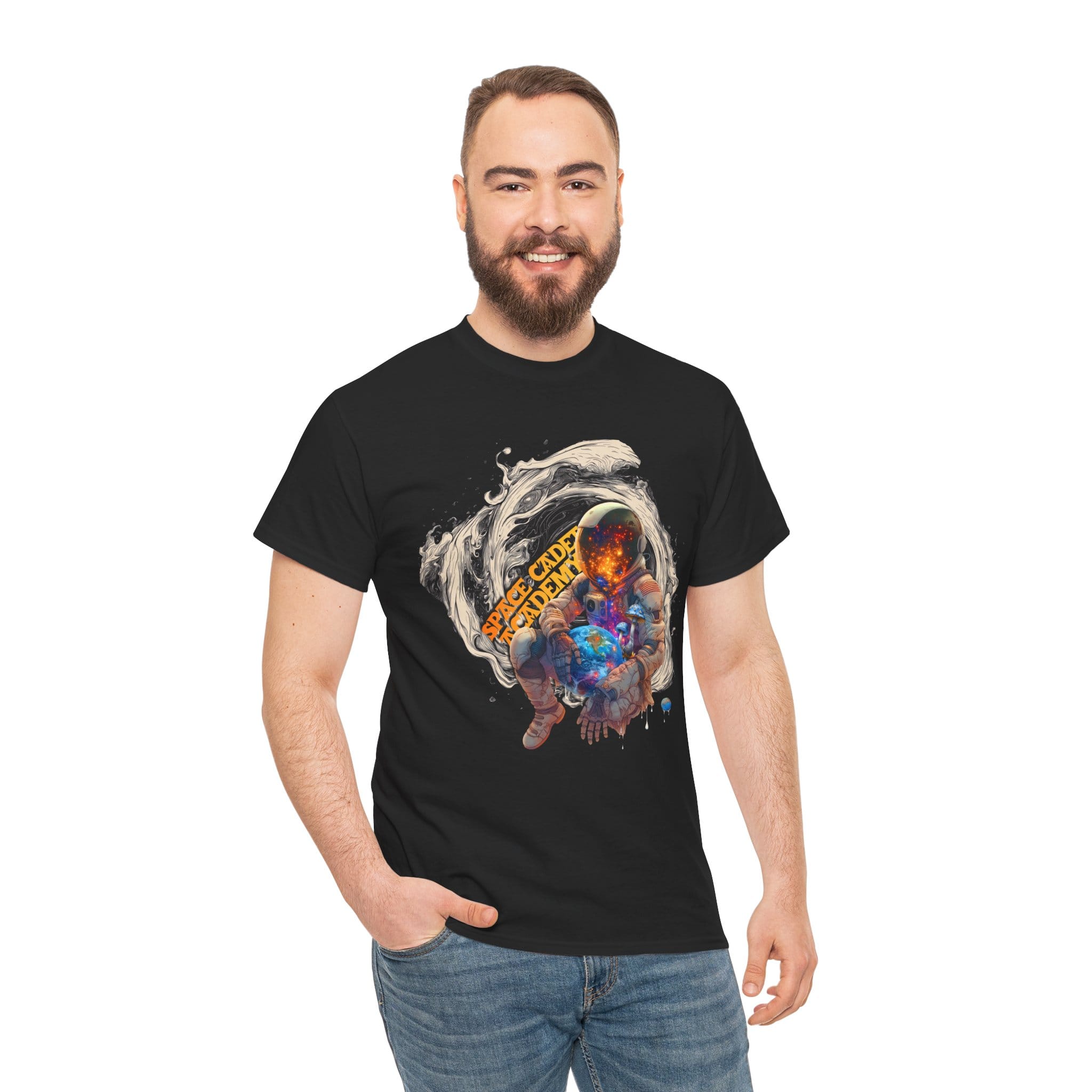 Custom-designed t-shirt featuring a psychonaut hovering above a galaxy, surrounded by sacred geometry, fractals, and nebula clouds.