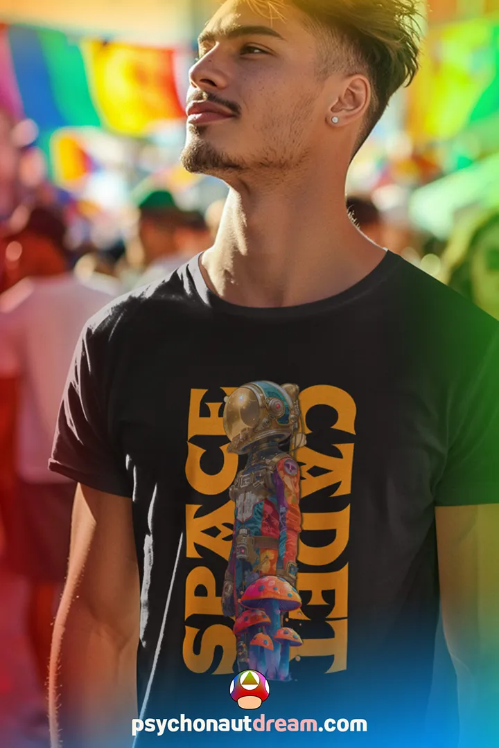 Custom-designed t-shirt featuring a psychonaut astronaut surrounded by psychedelic fractals, sacred geometry, and cosmic patterns.