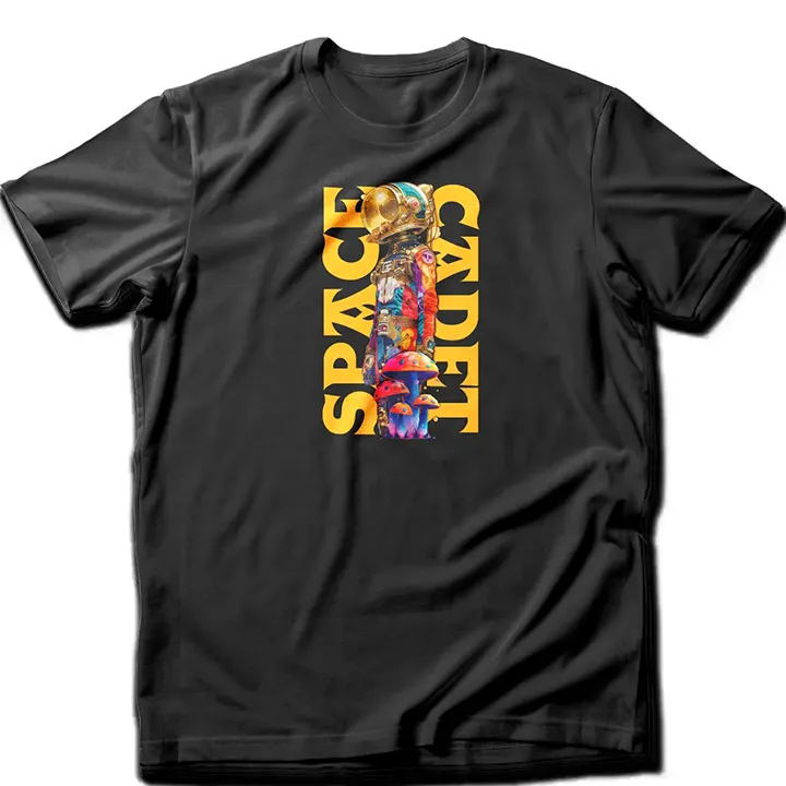 Custom-designed t-shirt featuring a psychonaut astronaut surrounded by psychedelic fractals, sacred geometry, and cosmic patterns.