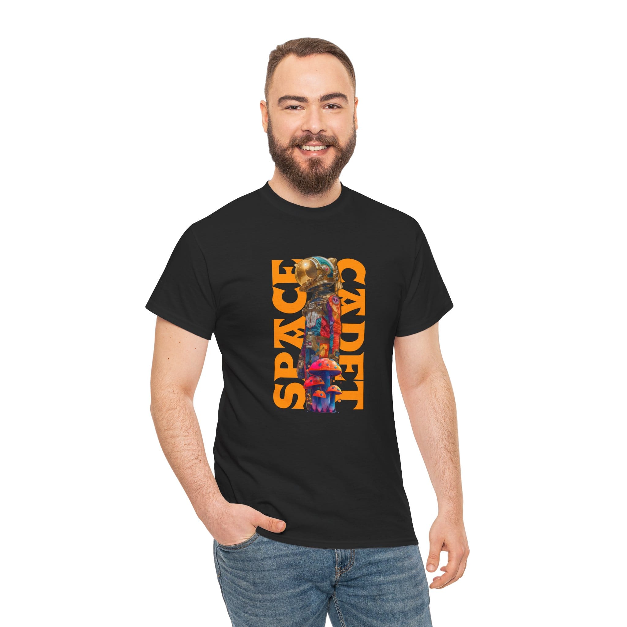 Custom-designed t-shirt featuring a psychonaut astronaut surrounded by psychedelic fractals, sacred geometry, and cosmic patterns.