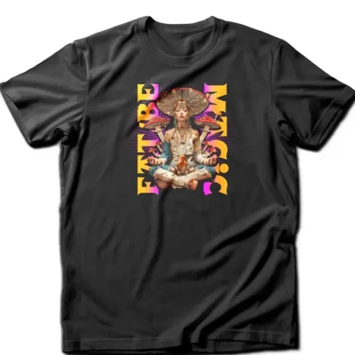 Custom-designed t-shirt featuring psychedelic mushrooms, sacred geometry, and the phrase "Eat / Be Magic."