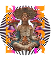Custom-designed t-shirt featuring psychedelic mushrooms, sacred geometry, and the phrase "Eat / Be Magic."