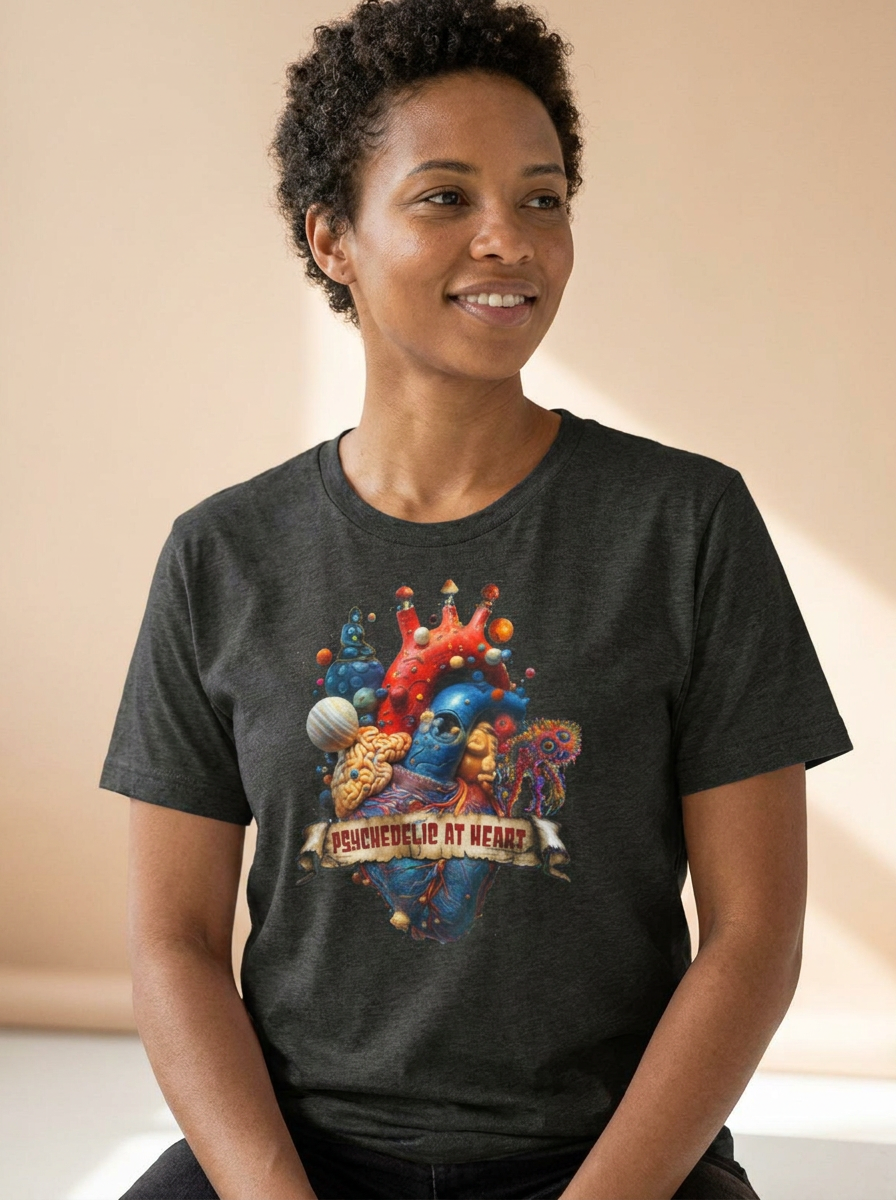 Female model wearing Psychedelic at Heart graphic on a dark heather unisex cotton T-shirt