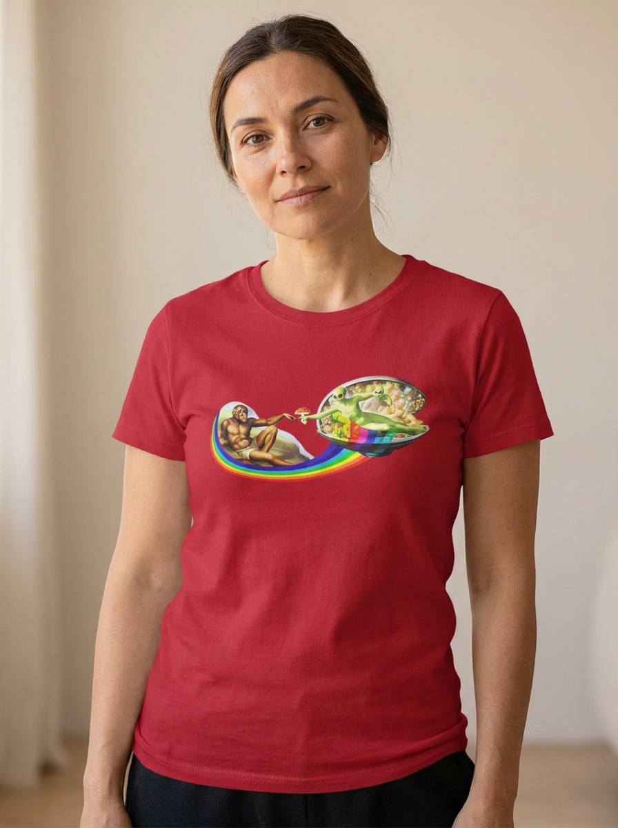 Female model wearing The Handoff Myth Substance vs Signal graphic on a cardinal red unisex T-shirt